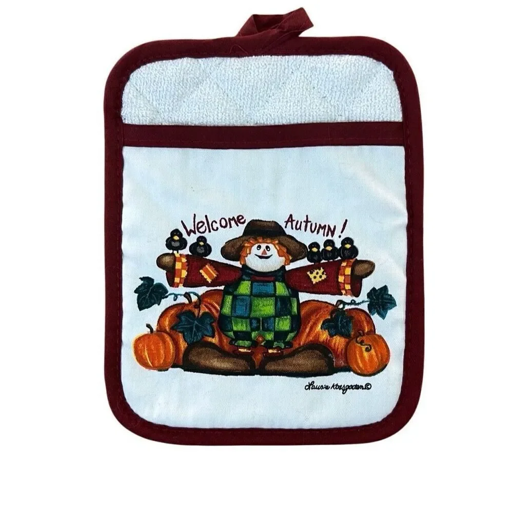 Laurie Korsgaden Fall Autumnal Scarecrow and Pumpkins Oven Mitt Vintage 90s NWOT